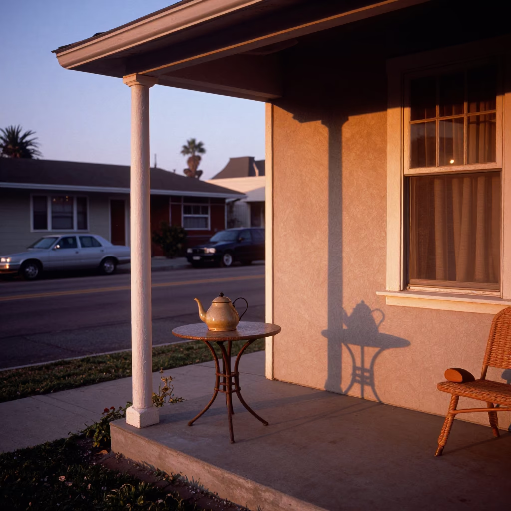 1960s Los Angeles Sunset Street Scene with Wicker Shadow and Teapot on Porch in in Los Angeles, California, United States