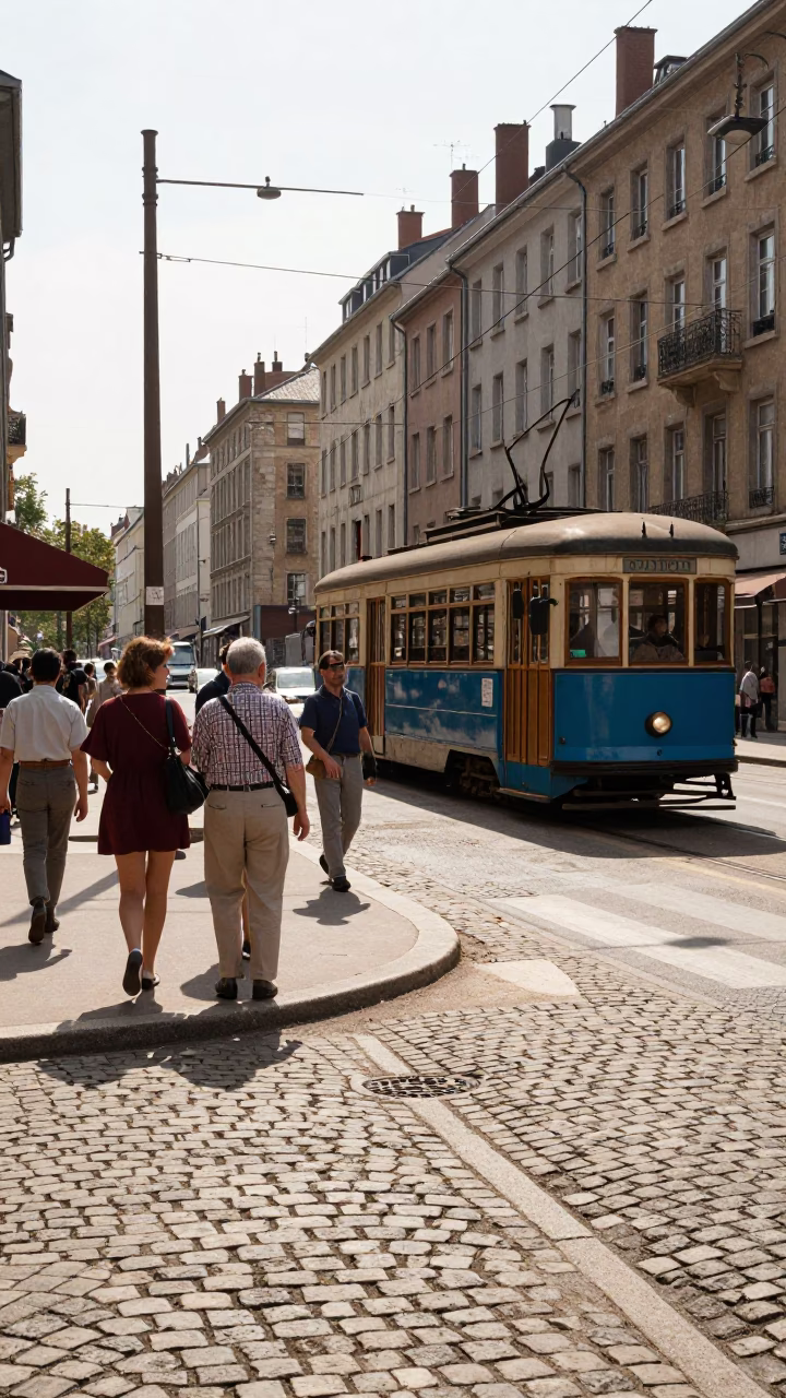 1960s Lyon Street Scene with Vintage Trams and Cobblestone Market in in Lyon, France
