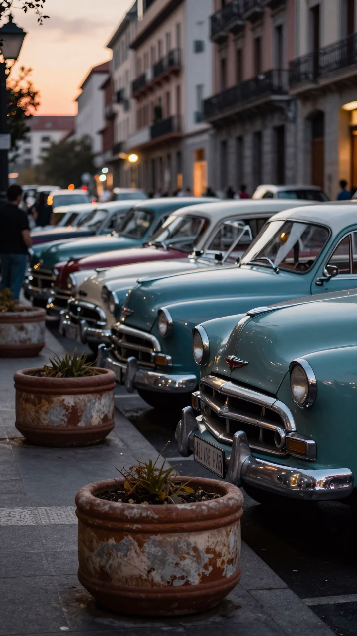 1960s Madrid Evening Street Scene with Vintage Cars and Prickly Pear Cactus in in Madrid, Spain