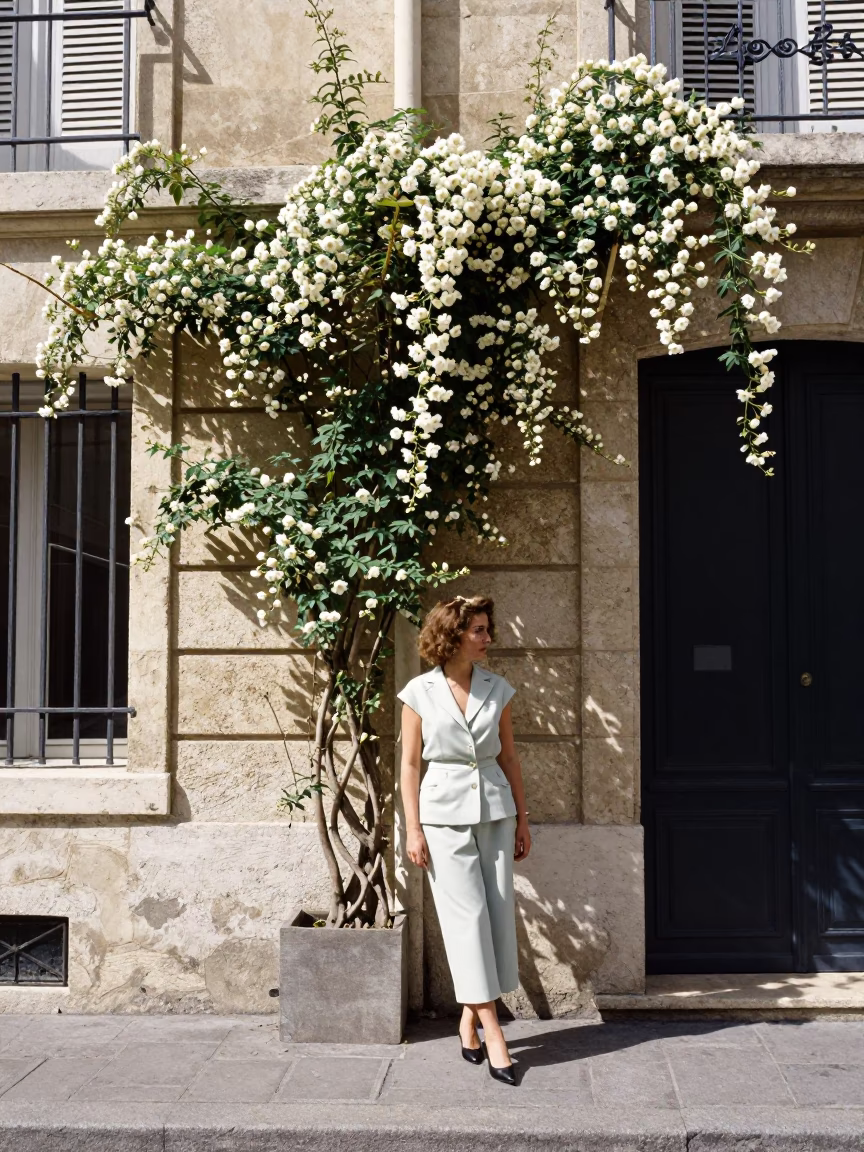 1960s Marseille Street Scene with Climbing Jasmine Trellis and Vintage Cafe Culture in in Marseille, France