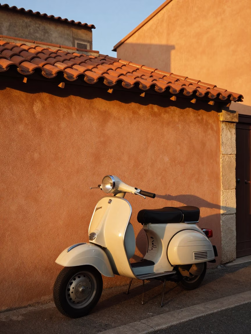 1960s Marseille street scene with vintage scooter and terracotta tiles in golden hour light in in Marseille, France