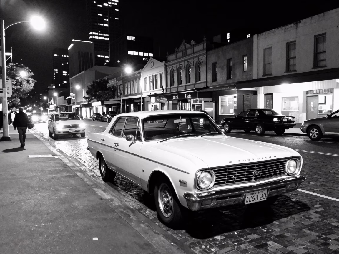1960s Melbourne Night Street Scene with Vintage Car and Record Player in in Melbourne, Victoria, Australia