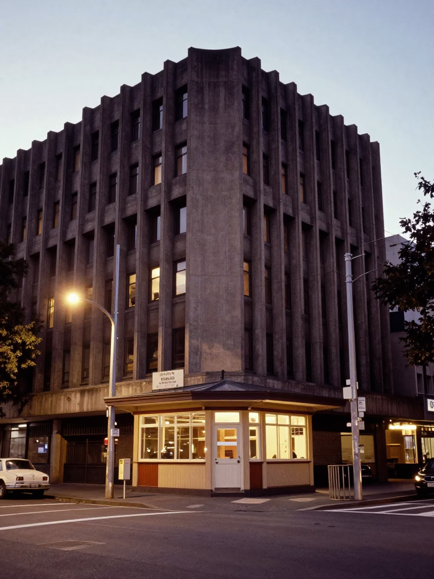 1960s Melbourne Street Scene with Brutalist Architecture and Substation Fence at Dusk in in Melbourne, Victoria, Australia