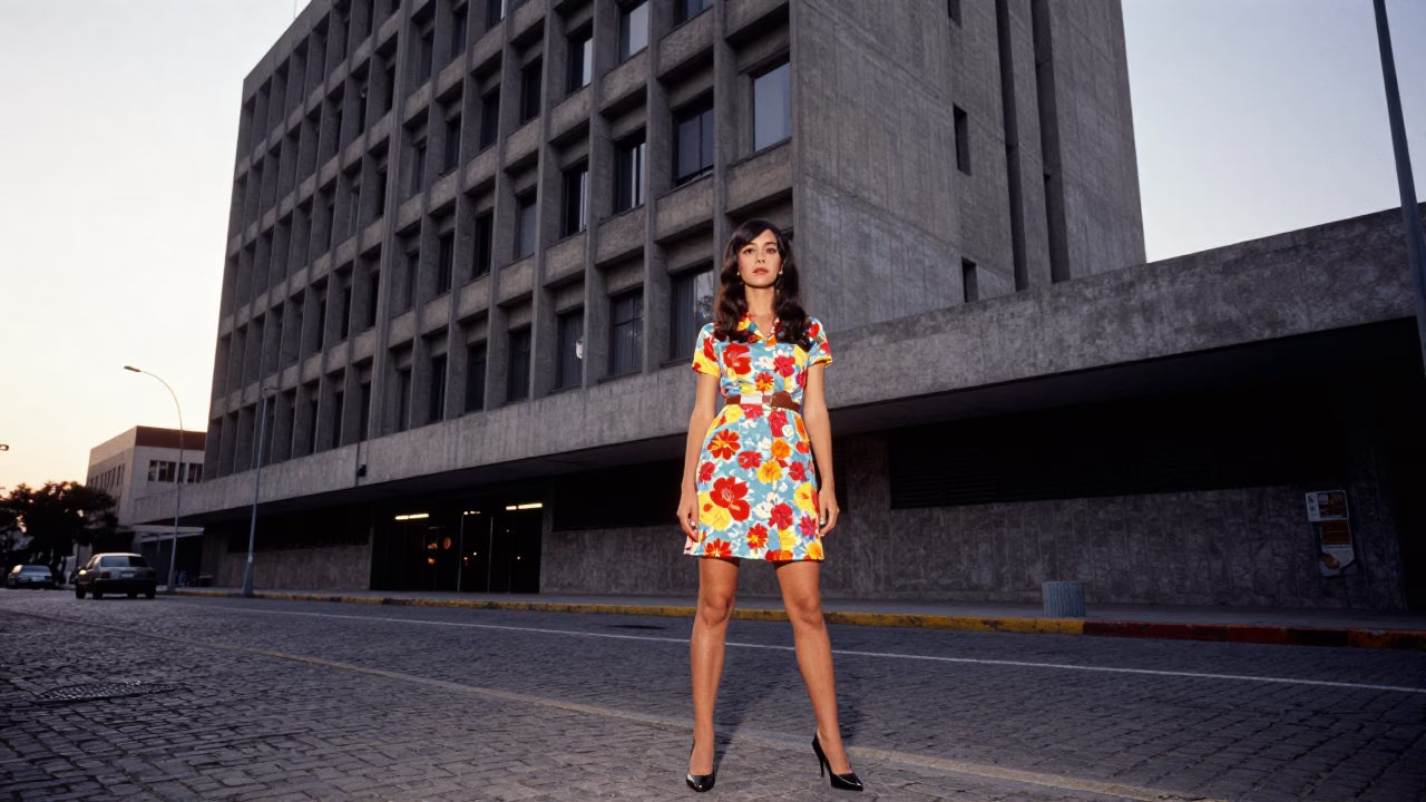 1960s Mexico City Dawn Street Fashion with Brutalist Architecture and Vintage Car in in Mexico City, Mexico