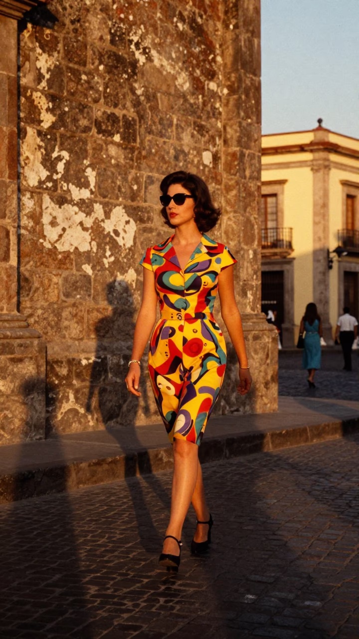 1960s Mexico City High Fashion Street Style in Honeyed Evening Light with Colorful Details in in Mexico City, Mexico