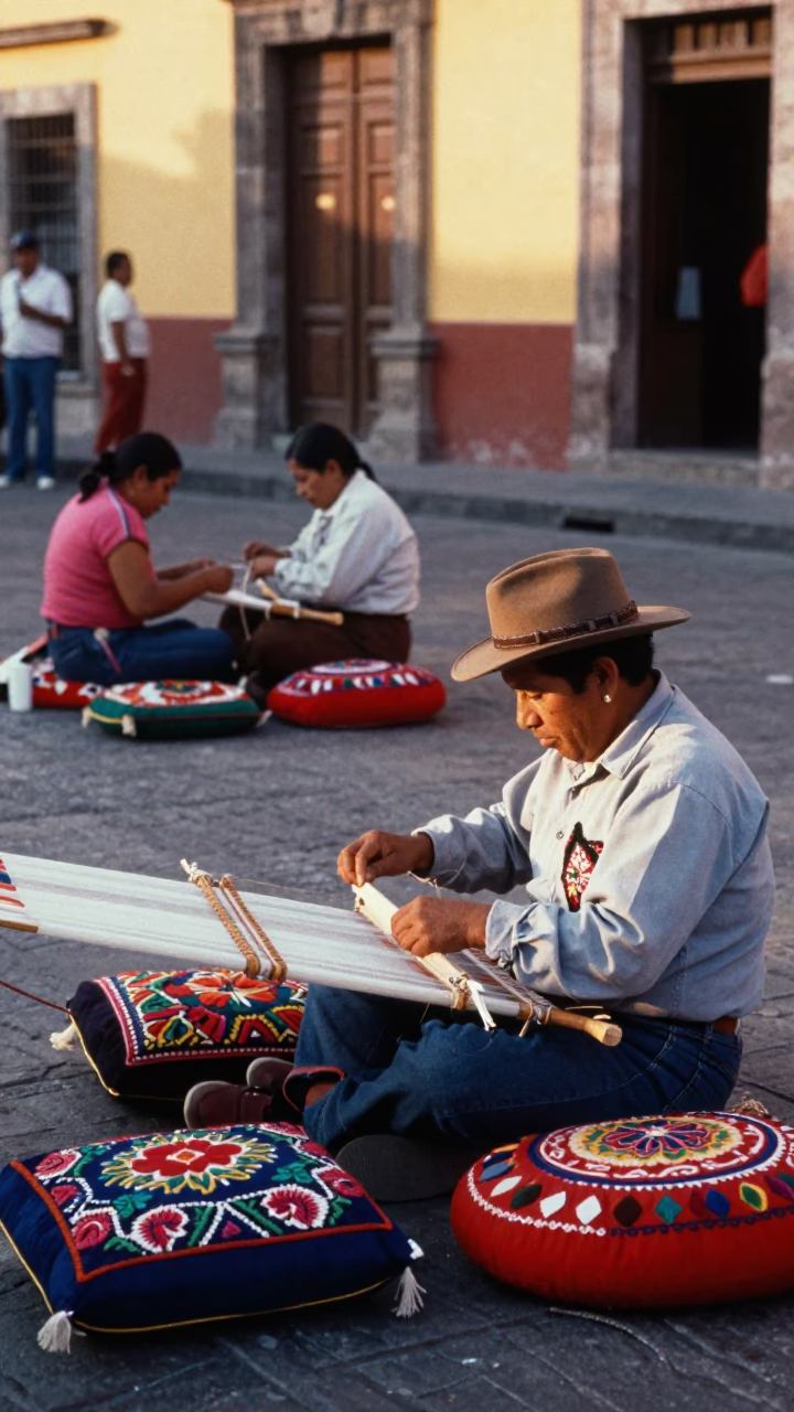 1960s Mexico City Street Scene with Embroidered Cushions and Traditional Weaving Looms in in Mexico City, Mexico