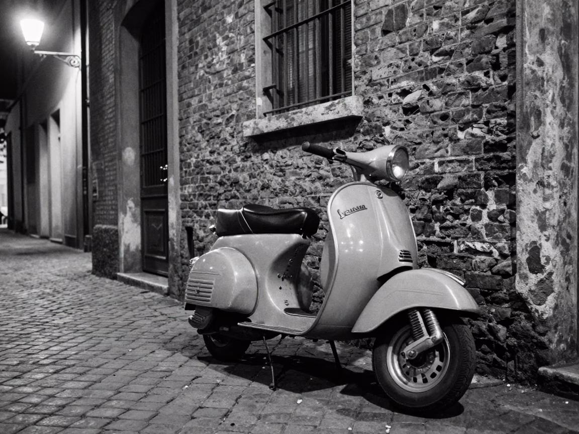1960s Milan Night Scene with Vintage Scooter and Cobblestone Alley in in Milan, Italy