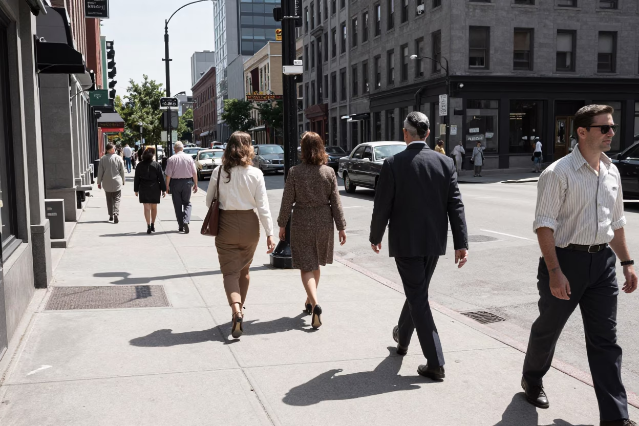 1960s Montreal Quebec Street Scene Noon Light Pedestrians and Vintage Architecture in in Montreal, Quebec, Canada