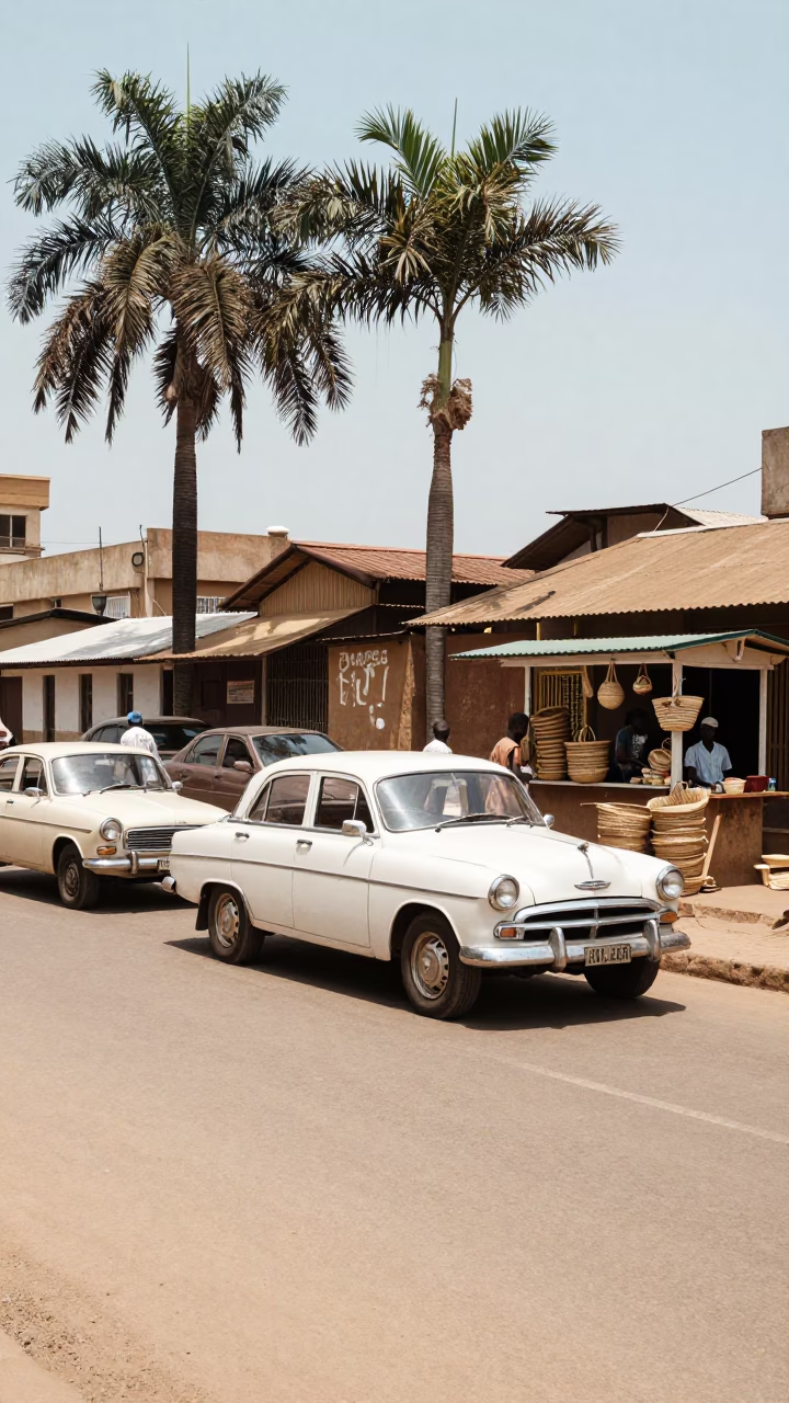 1960s Nairobi Street Scene with Palm Trees and Vintage Vehicles in Bright Midmorning Light in in Nairobi, Kenya