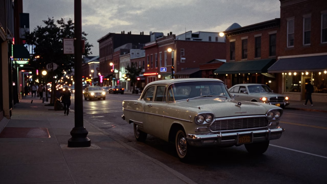 1960s Nashville Tennessee Evening Street Scene with Vintage Automobile and City Lights in in Nashville, Tennessee, United States