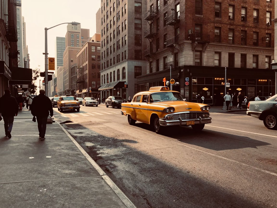1960s New York City Evening Street Scene with Classic Cars and Yellow Cabs in in New York, New York, United States