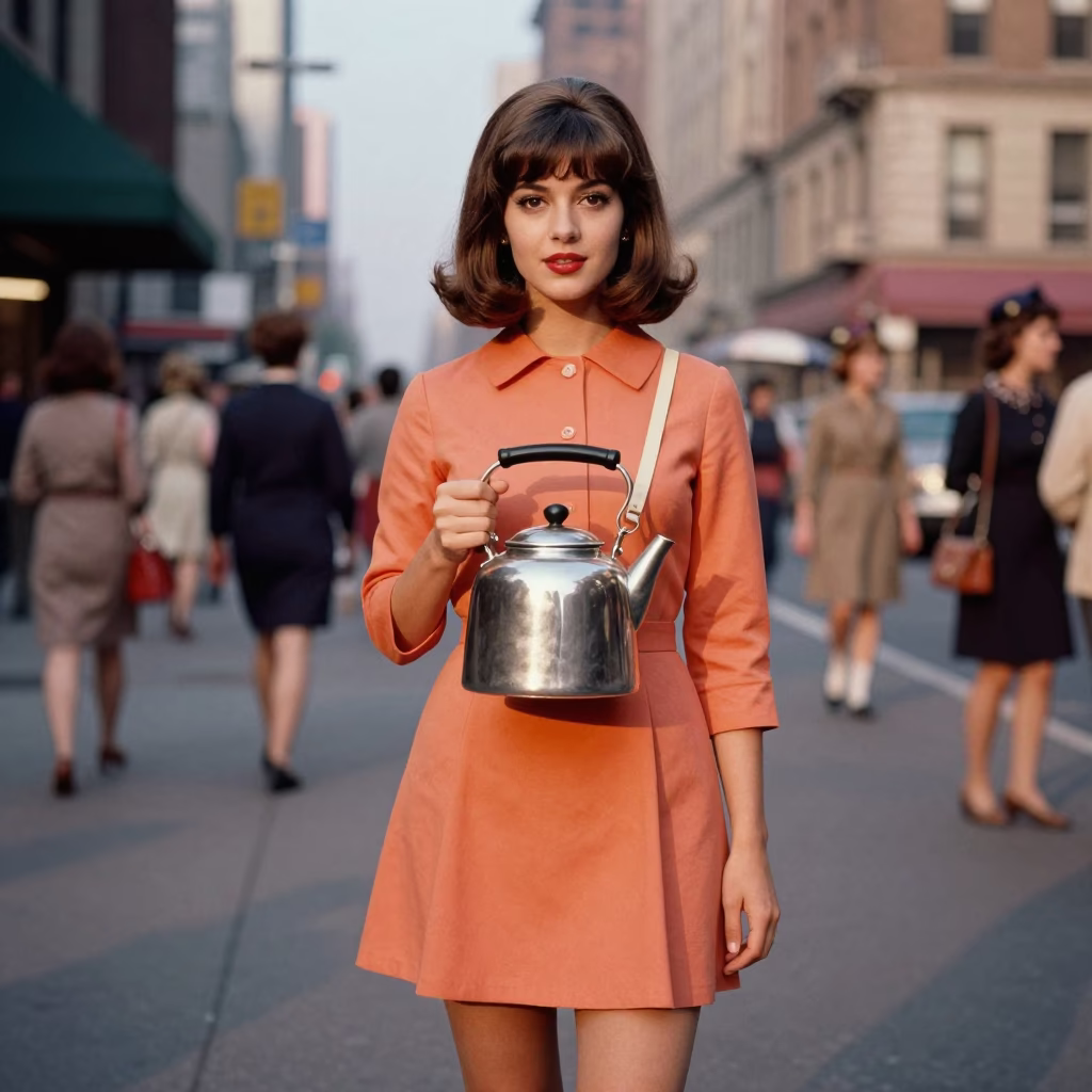 1960s New York Street Fashion Evening Portrait with Vintage Kettle Prop in Honeyed Light in in New York, New York, United States