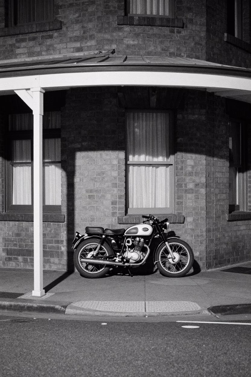 1960s Perth Night Street Scene with Vintage Motorcycle and Doormat in in Perth, Western Australia, Australia