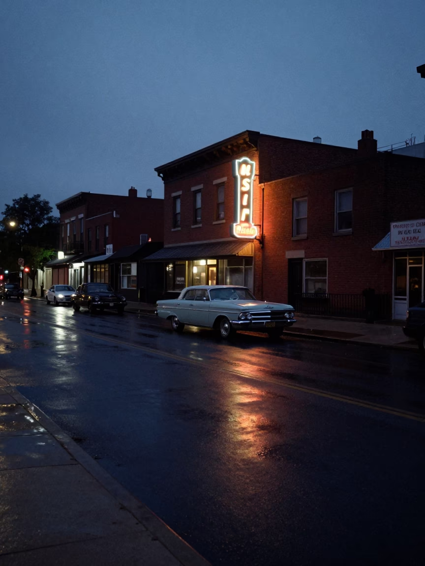 1960s Philadelphia Predawn Street Scene with Vintage Car and Neon Sign in in Philadelphia, Pennsylvania, United States