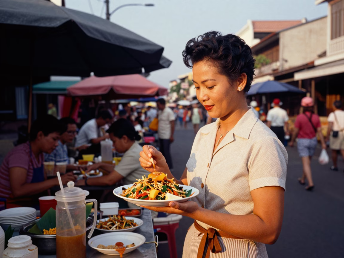 1960s Phuket Thailand Honeyed Evening Light Street Scene with Local Life in in Phuket, Thailand