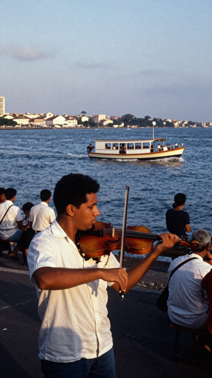 1960s Salvador Brazil Evening Street Scene with Violin and Water Taxi in in Salvador, Brazil