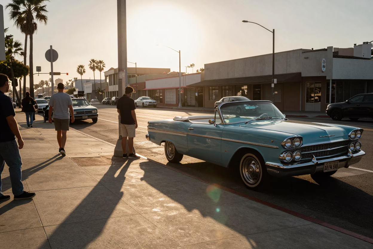 1960s San Diego Golden Hour Street Scene with Vintage Details in in San Diego, California, United States