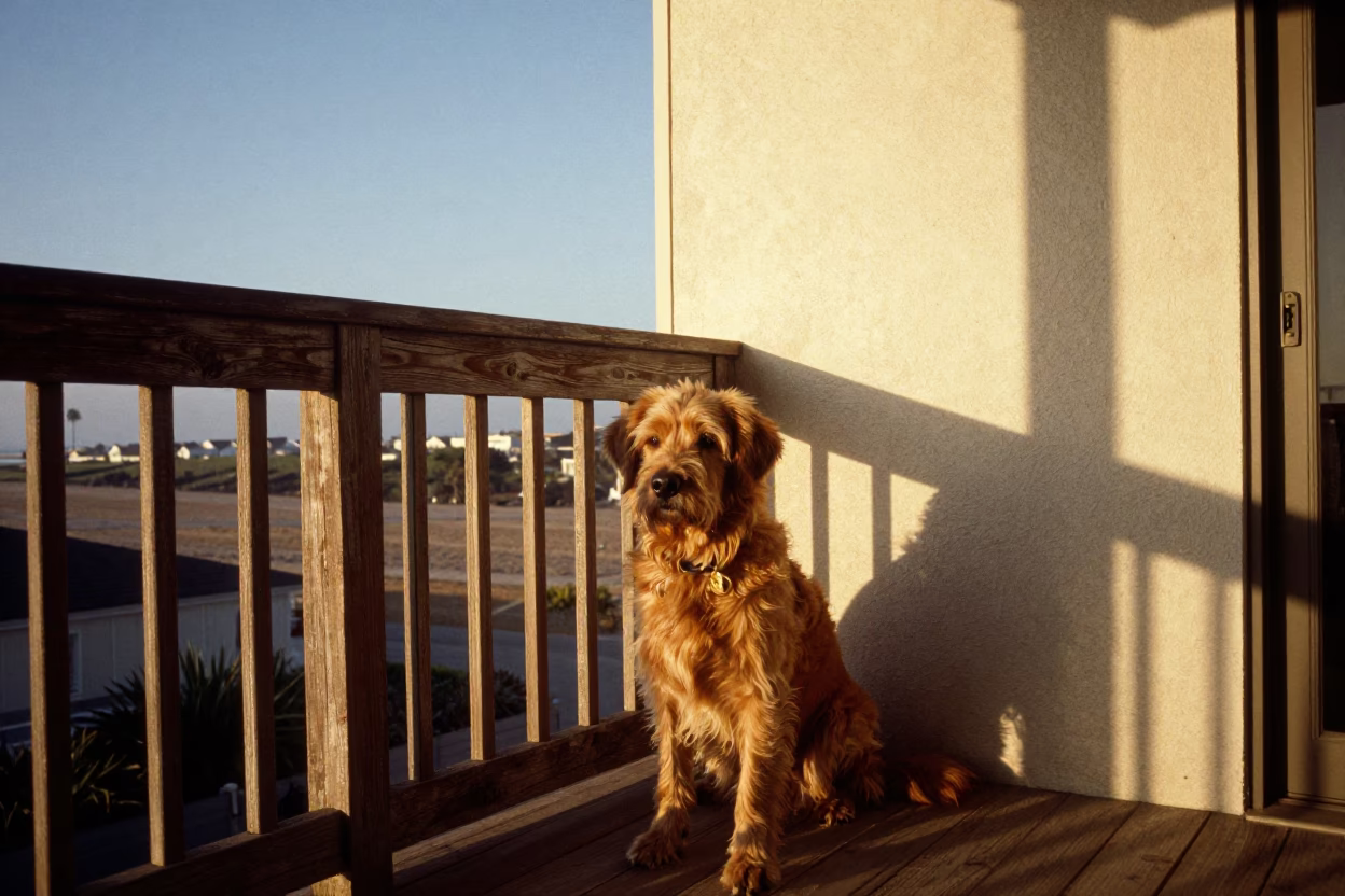 1960s San Diego Morning Light Reveals Chesapeake Bay Retriever and Basil Pot on Balcony in in San Diego, California, United States