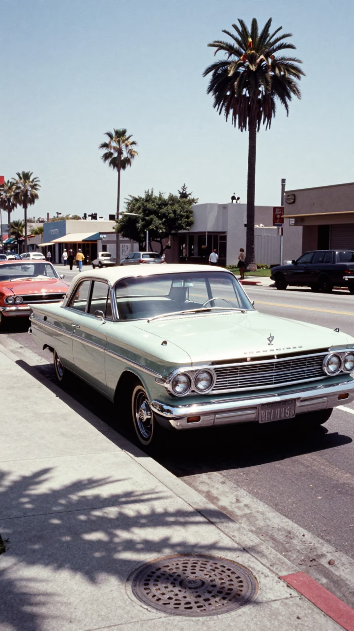 1960s San Diego street scene with vintage car and palm trees in in San Diego, California, United States