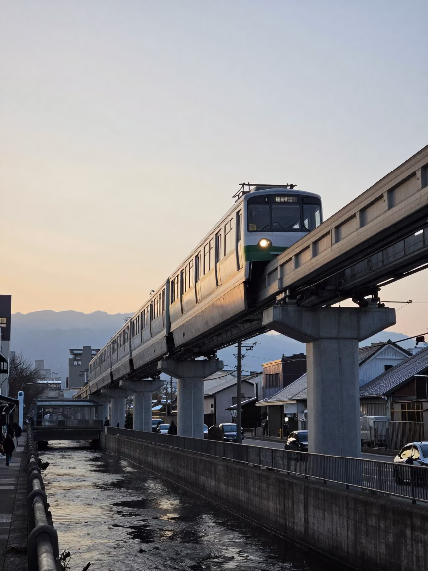 1960s Sapporo street scene with monorail viaduct and morning commuters in in Sapporo, Japan