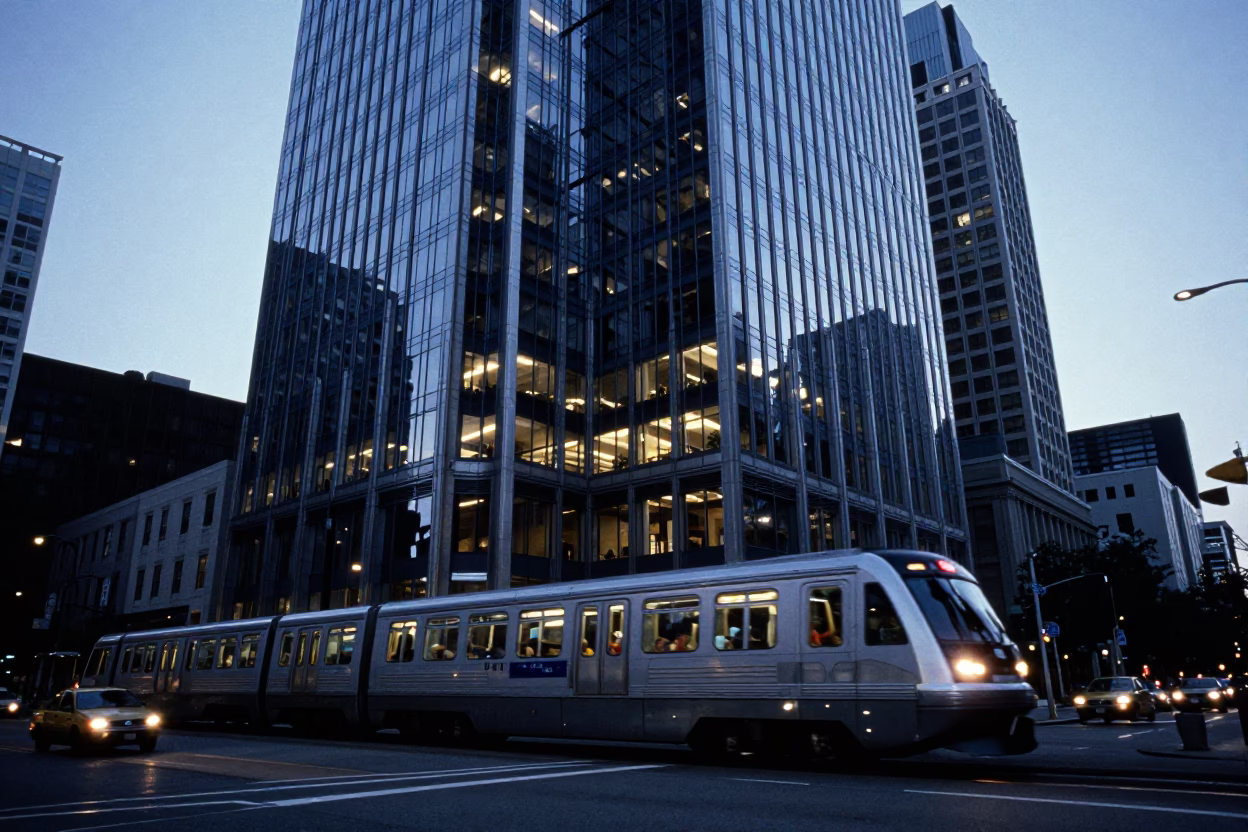 1960s Seattle Evening Monorail Reflection in Glass Skyscraper and Puddle Tail Lights in in Seattle, Washington, United States