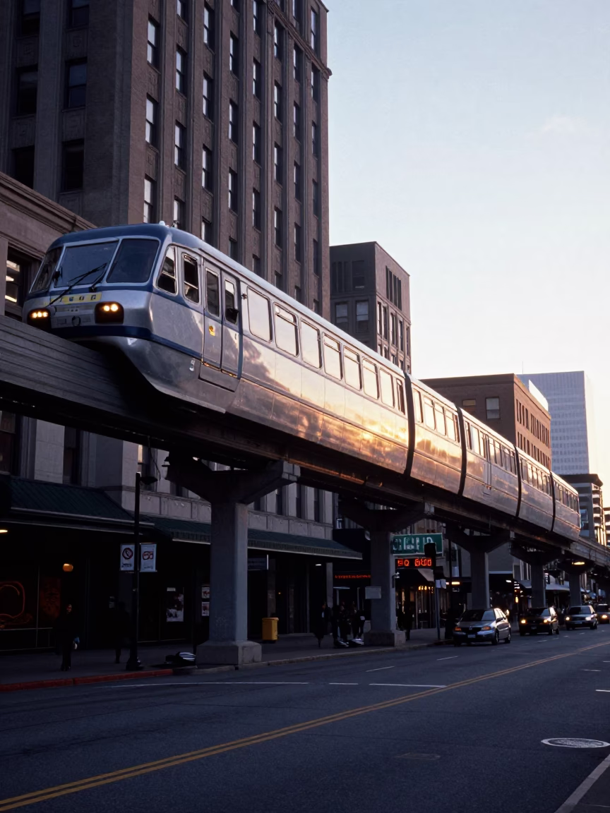 1960s Seattle Monorail Passing Above Downtown Street Corner Before Dawn in in Seattle, Washington, United States