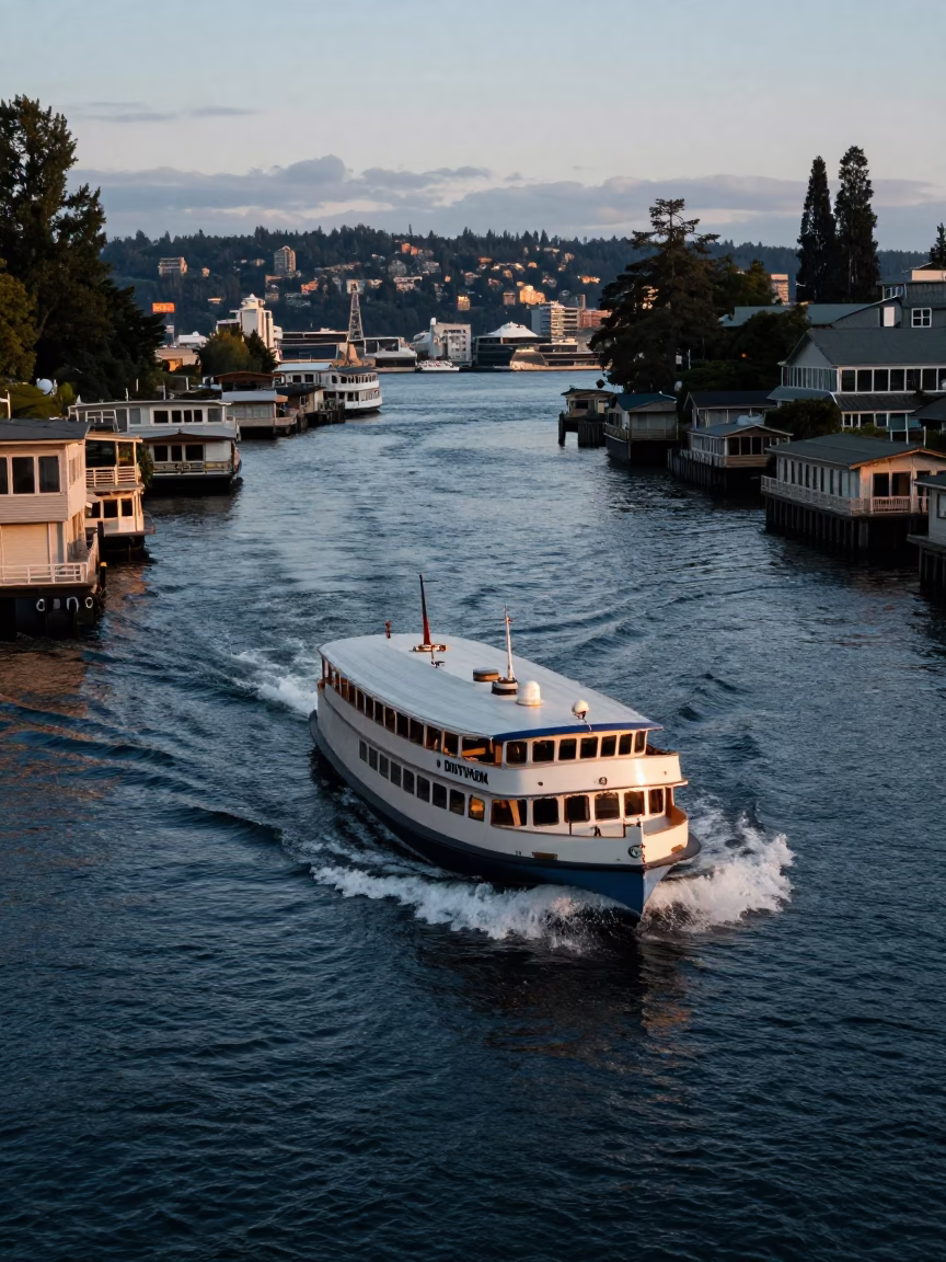 1960s Seattle Water Taxi Zigzagging Through Canal Near Houseboats at Early Evening in in Seattle, Washington, United States