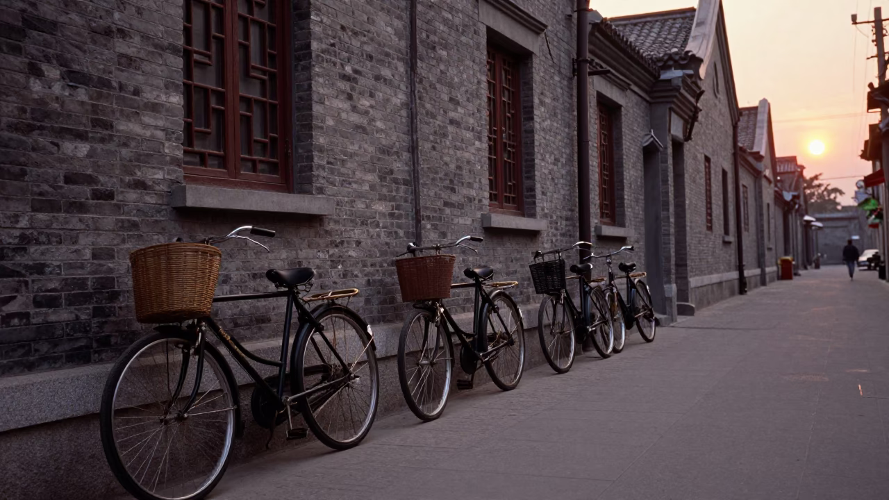 1960s Shanghai Street Scene at Dusk with Vintage Bicycles and Traditional Architecture in in Shanghai, China