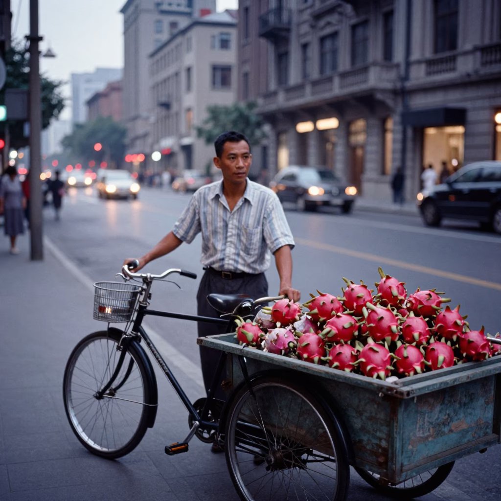 1960s Shanghai Street Scene with Bicycle and Dragon Fruit Vendor at Dusk in in Shanghai, China