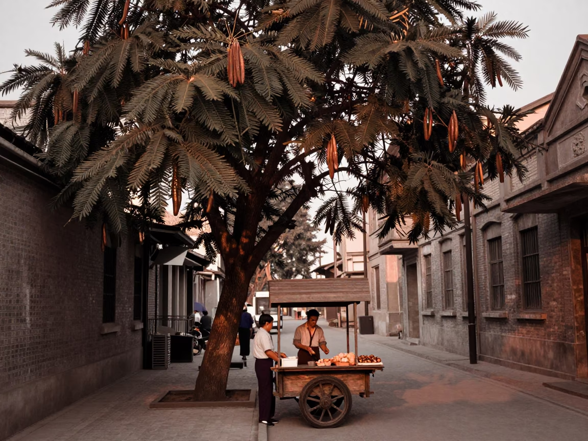 1960s Shanghai street scene with tamarind tree and local vendors in copper dusk light in in Shanghai, China