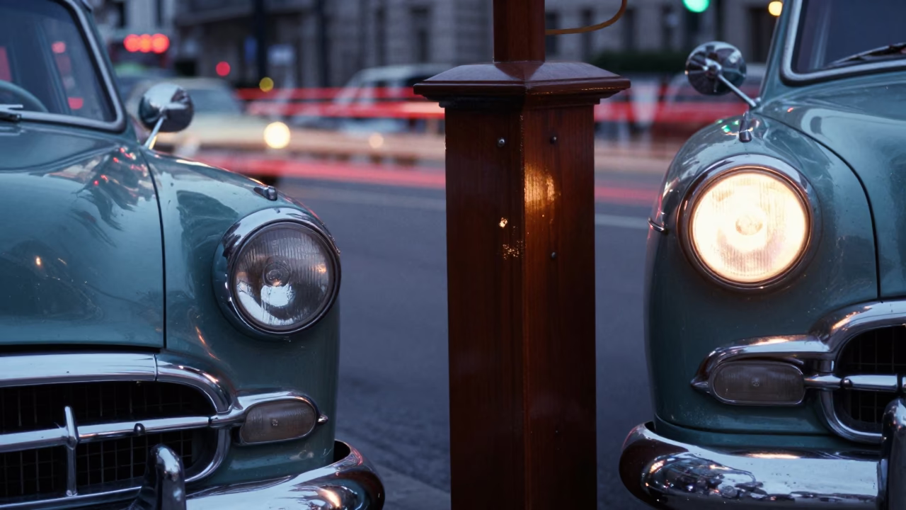 1960s Shanghai Street Scene with Valet Stand and Headlight Streaks at Dusk in in Shanghai, China