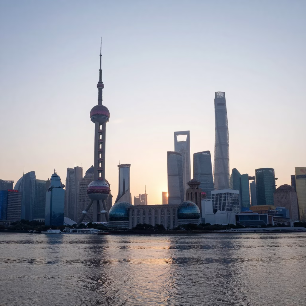 1960s Shanghai Sunrise Skyline with Red Star Tower and Huangpu River Waterfront in in Shanghai, China