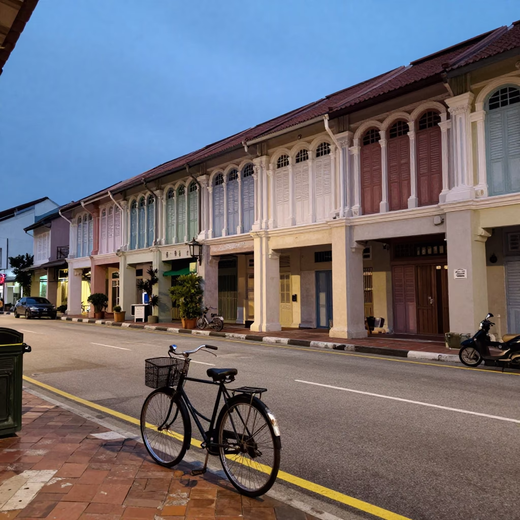 1960s Singapore Dawn Street Scene with Vintage Bicycle and Colonial Shopfronts in in Singapore, Singapore