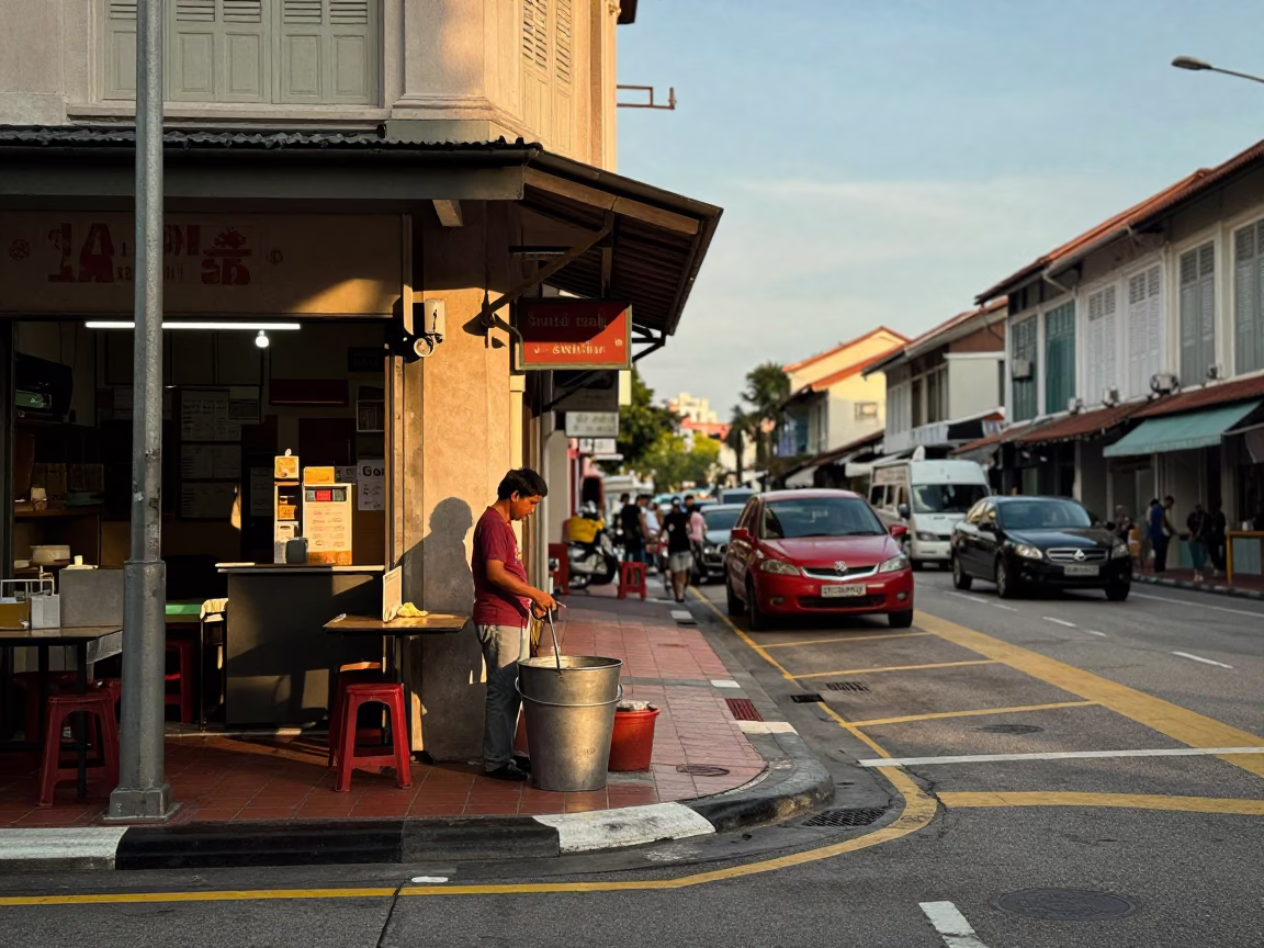 1960s Singapore Early Evening Street Scene with Metal Bucket and Iron Deadbolt Details in in Singapore, Singapore