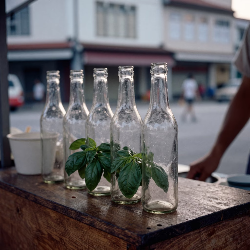 1960s Singapore Street Scene with Glass Bottles and Basil Leaves in in Singapore, Singapore