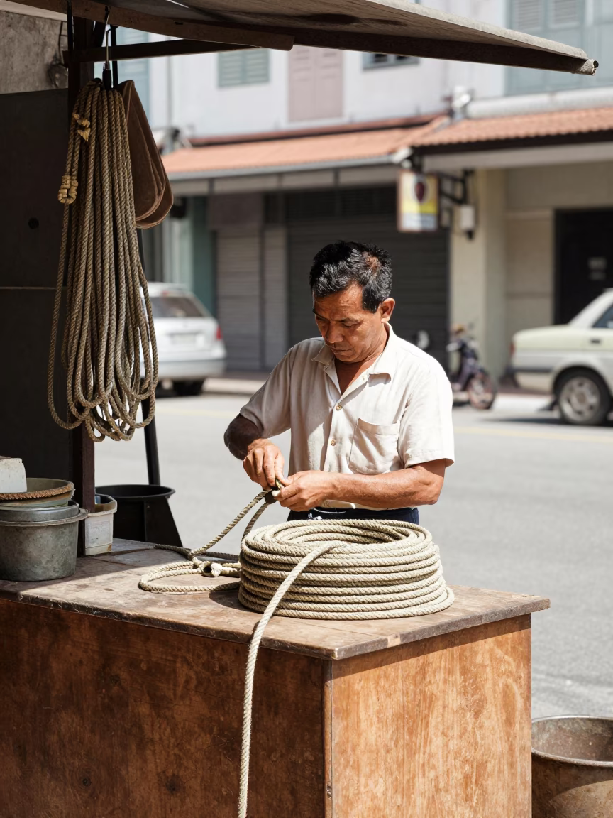 1960s Singapore street scene with shopkeeper and coiled rope in in Singapore, Singapore