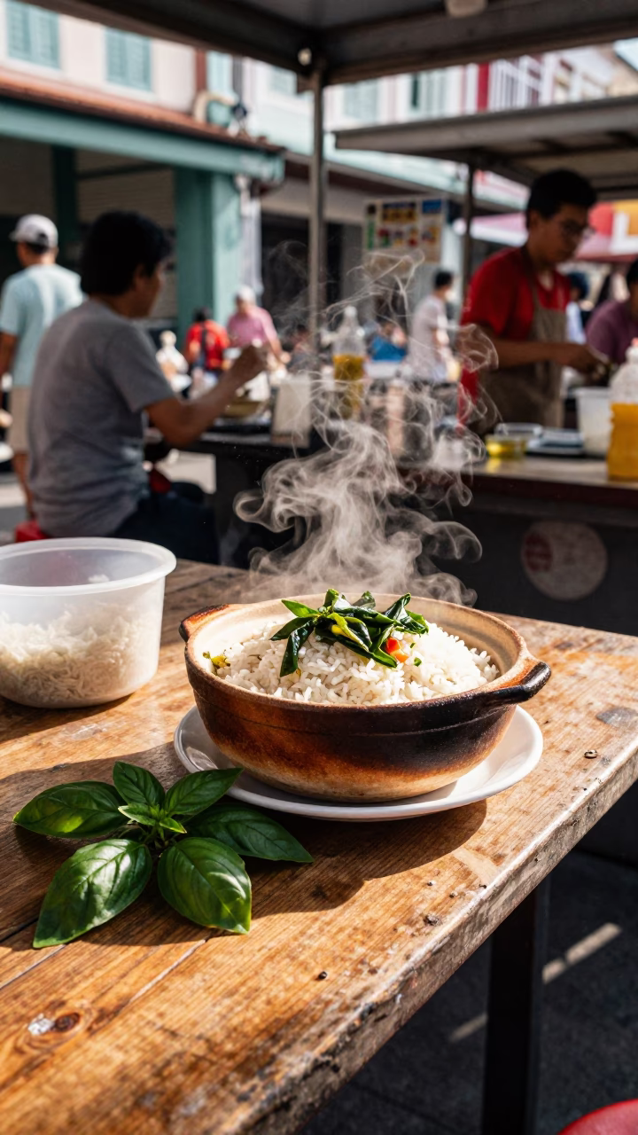 1960s Singapore Street Stall Claypot Rice and Basil Leaves Afternoon Scene in in Singapore, Singapore
