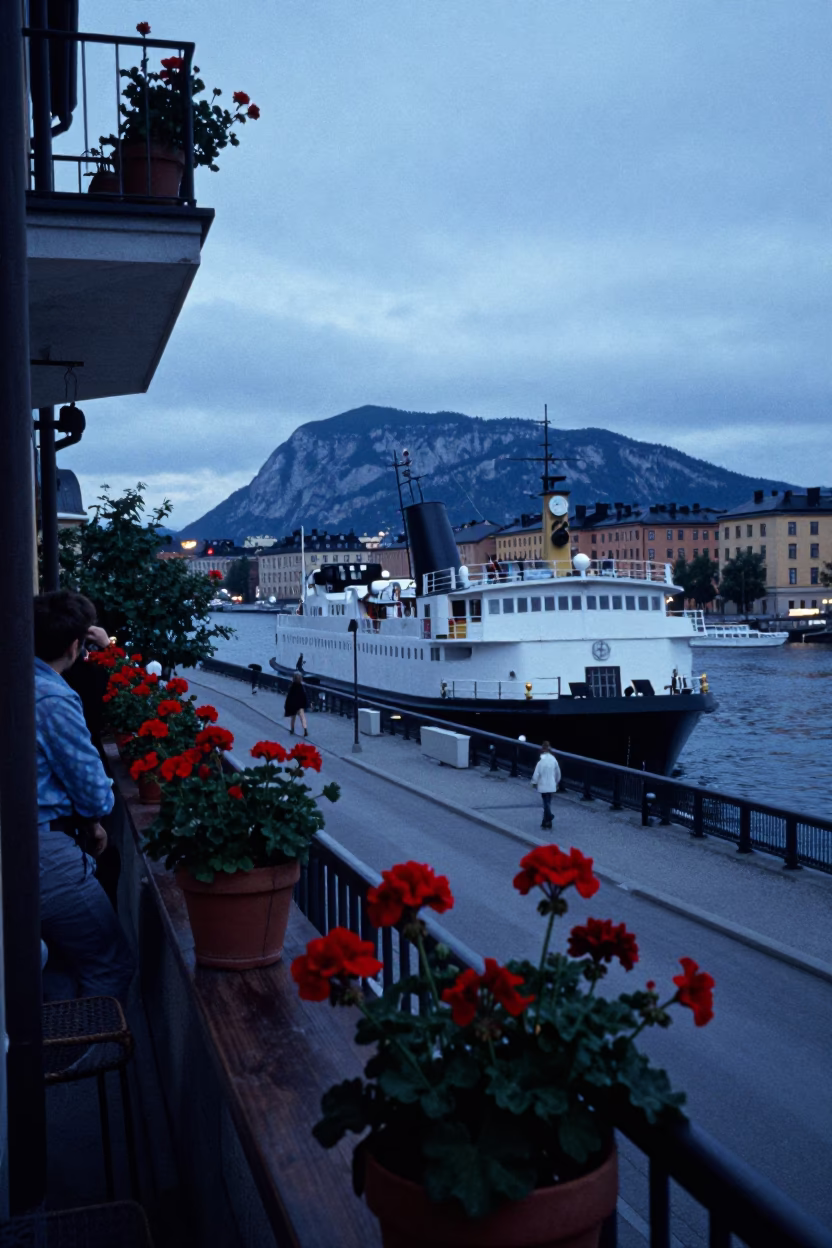 1960s Stockholm Evening Scene with Potted Geraniums and Ferry Traffic in in Stockholm, Sweden