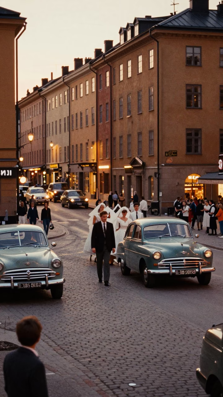 1960s Stockholm Evening Street Scene with Vintage Cars and Traditional Wedding Procession in in Stockholm, Sweden