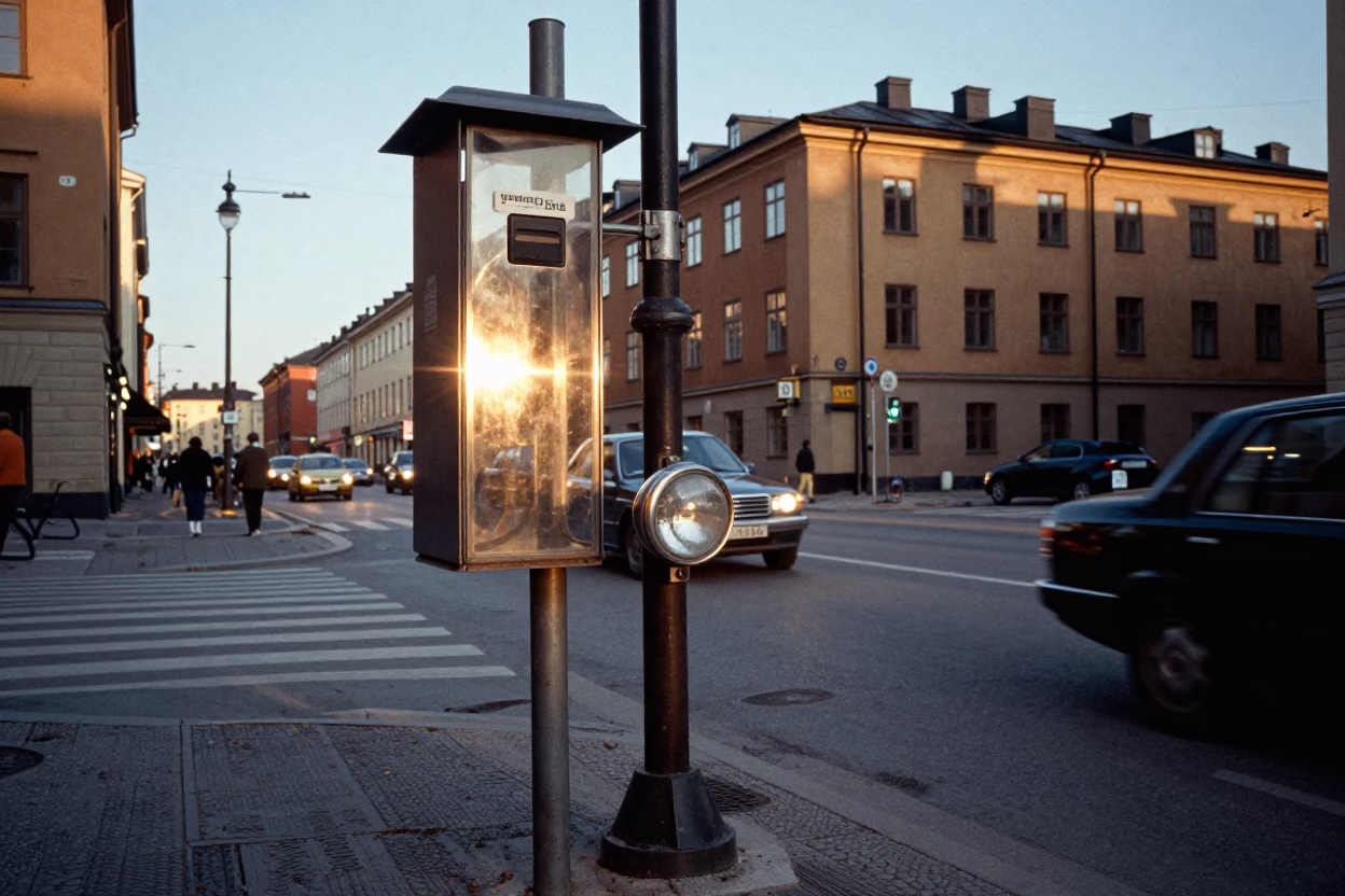 1960s Stockholm Street Scene with Valet Stand and Headlight Reflections in in Stockholm, Sweden