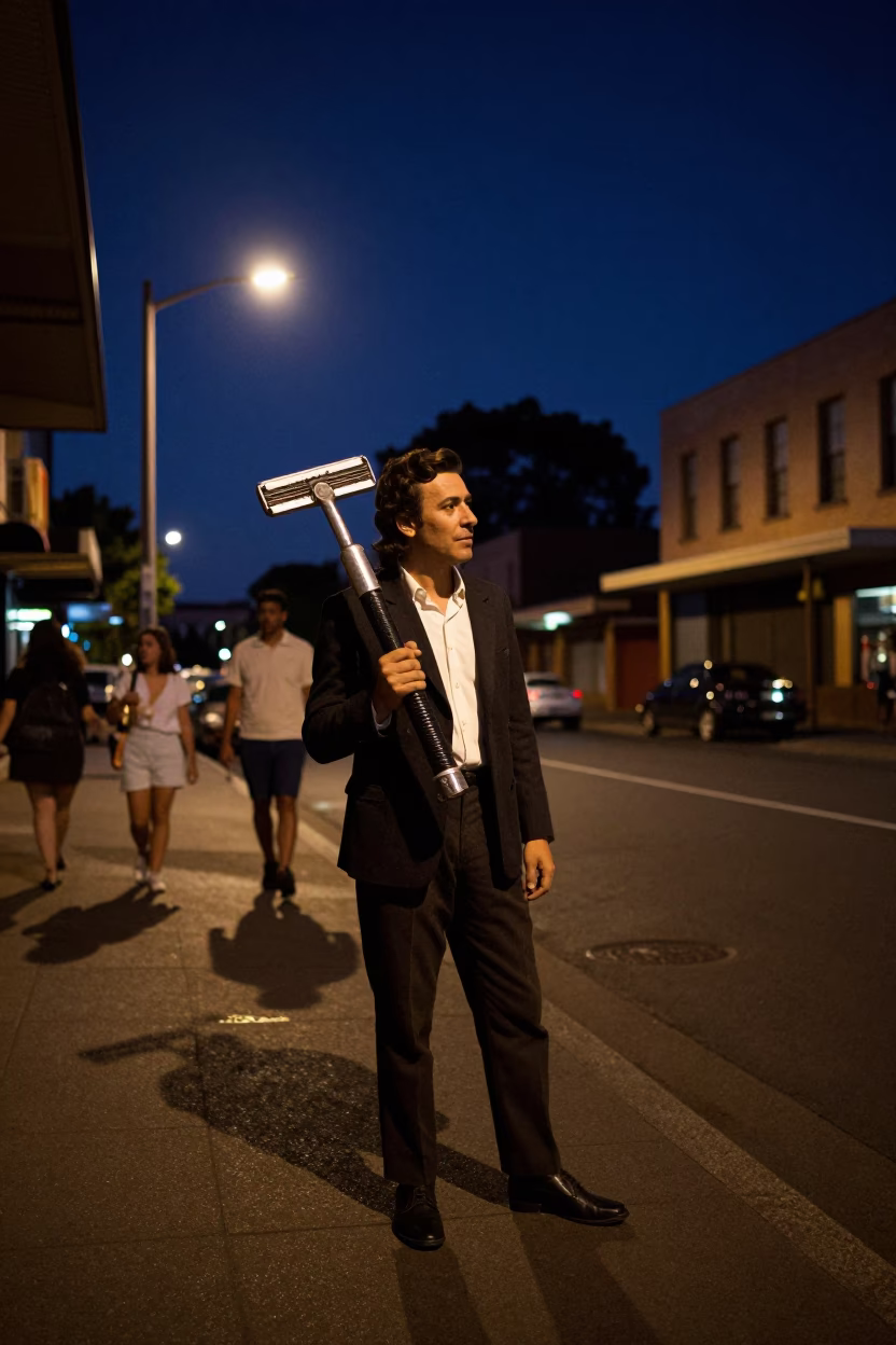 1960s Sydney Night Street Scene with Vintage Safety Razor and Brass Details in in Sydney, New South Wales, Australia