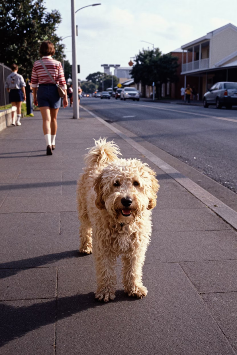 1960s Sydney Street Scene with Spanish Water Dog and Pastries on Sidewalk in in Sydney, New South Wales, Australia