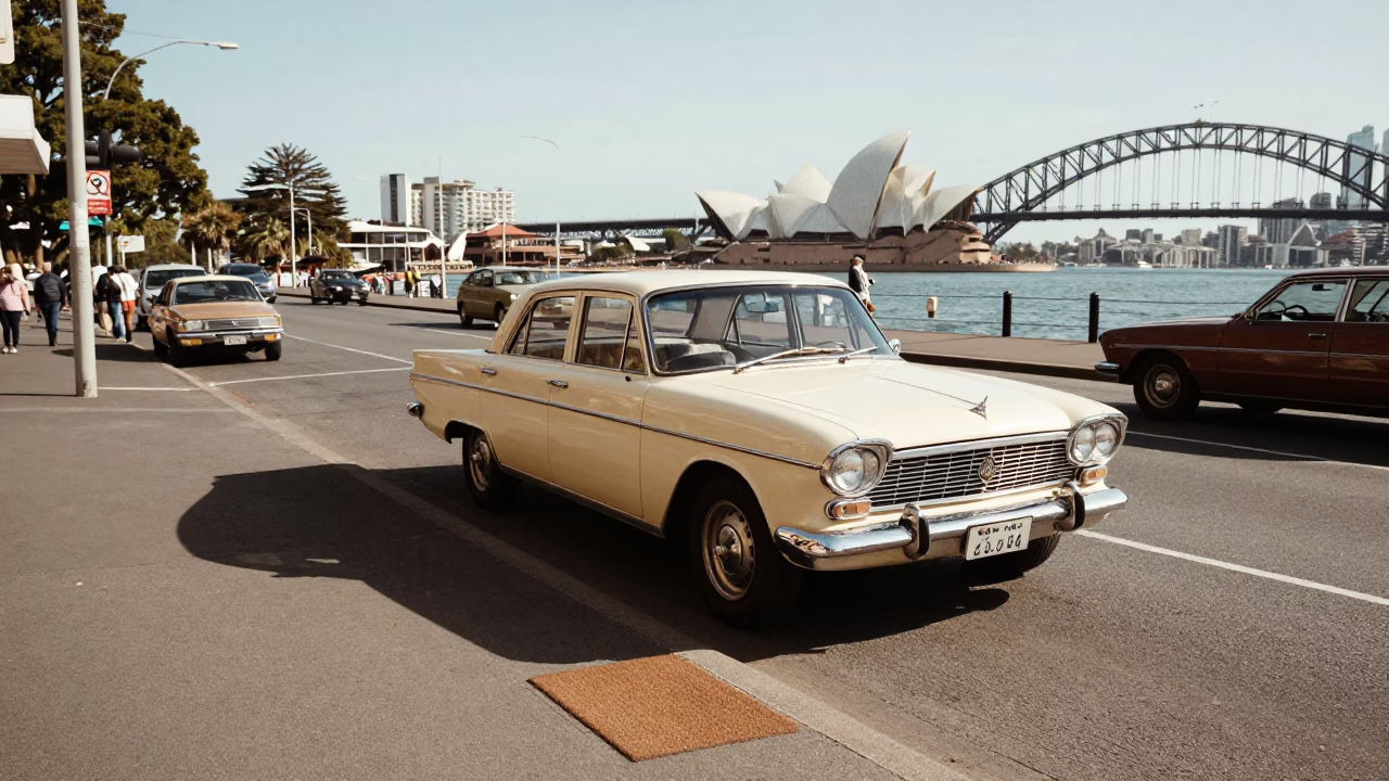 1960s Sydney Street Scene with Vintage Car and Harbour Bridge in Early Afternoon in in Sydney, New South Wales, Australia