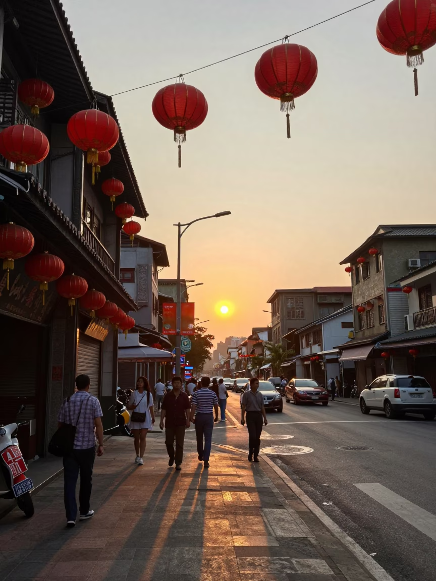 1960s Taipei Street Scene at Sunset with Red Lanterns and Morning Glory Clouds in in Taipei, Taiwan