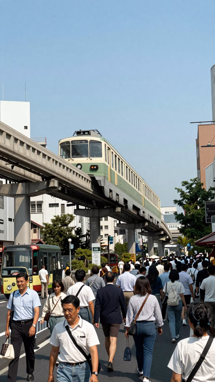 1960s Tokyo Midday Street Scene with Vintage Monorail and Traditional Architecture in in Tokyo, Japan