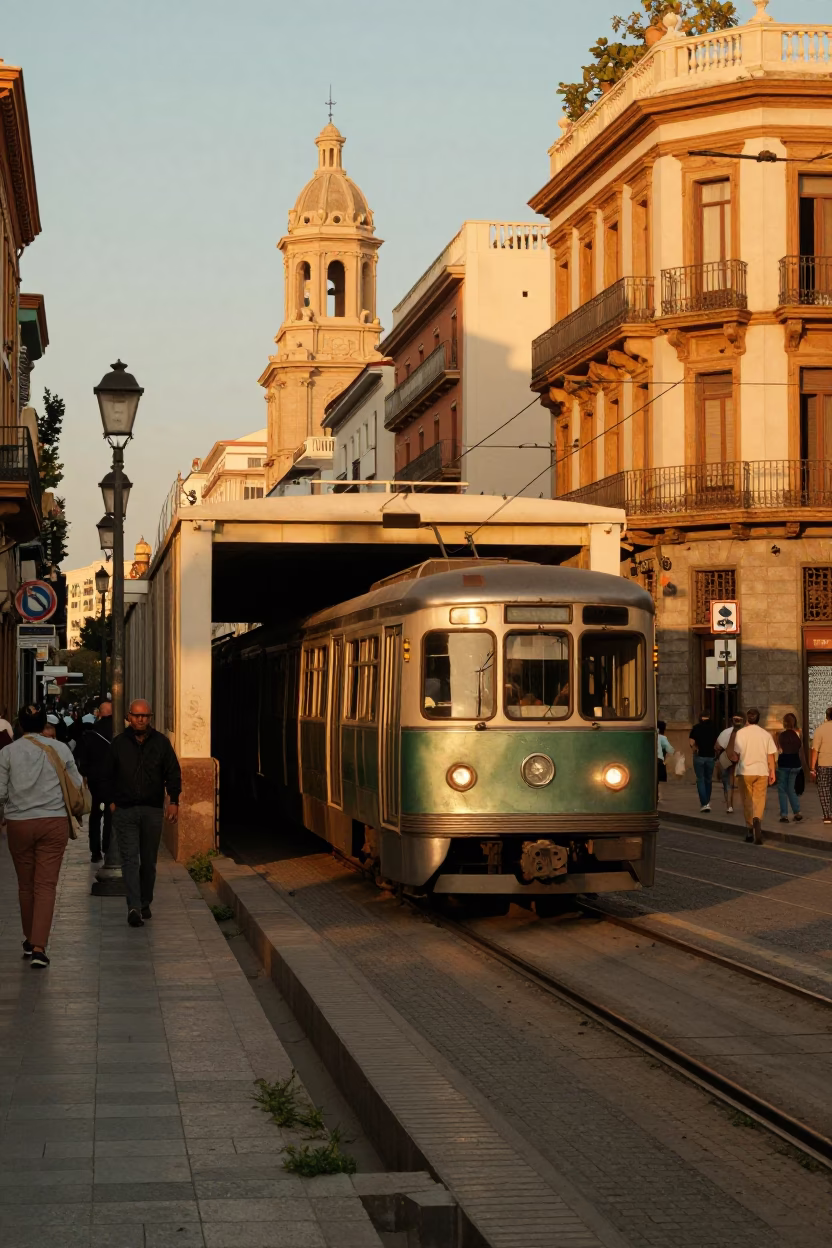 1960s Valencia Street Scene with Vintage Metro Train and Evening Light in in Valencia, Spain