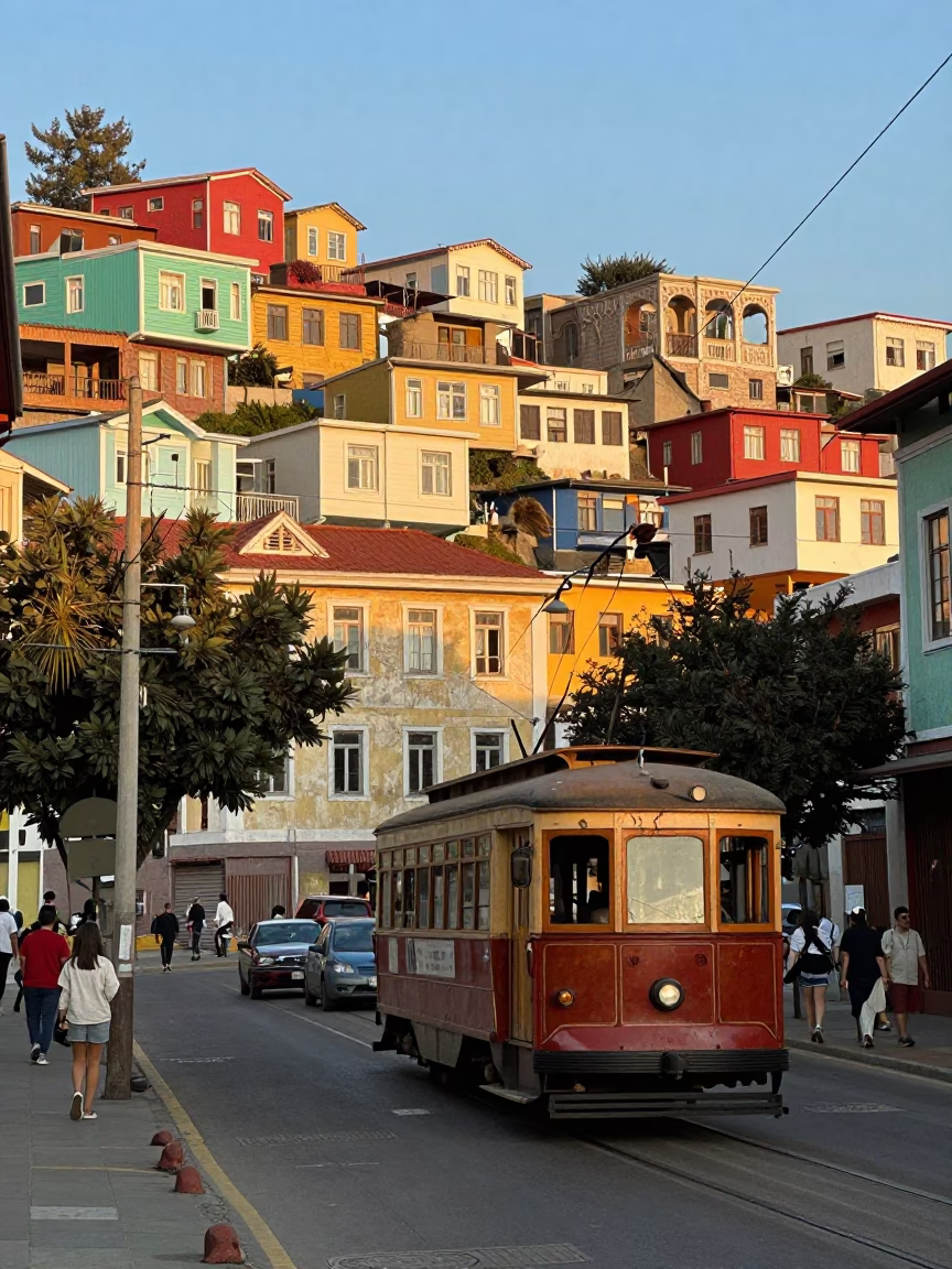 1960s Valparaiso Chile Street Scene with Tramcar and Colorful Houses in in Valparaiso, Chile
