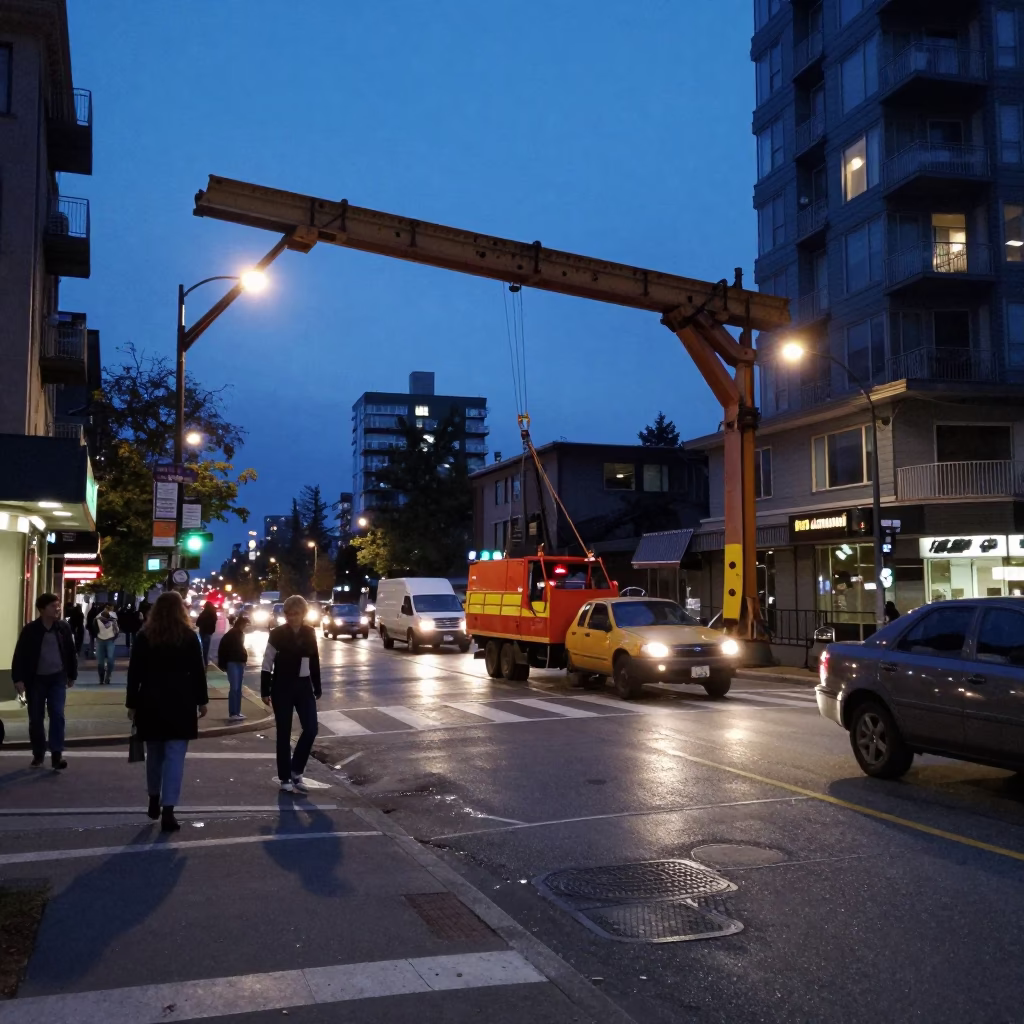 1960s Vancouver Evening Street Scene with Bridge Maintenance Cradle and Tree in in Vancouver, British Columbia, Canada