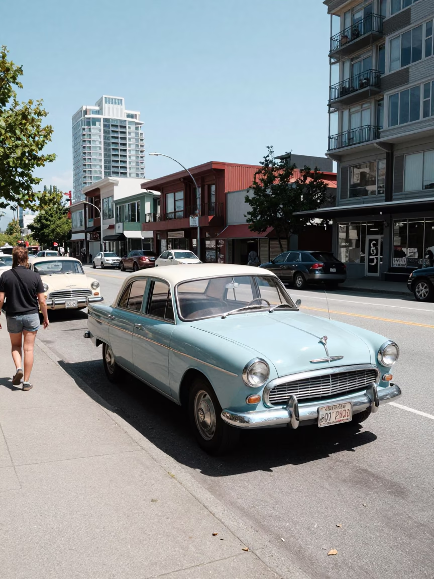 1960s Vancouver Street Scene with Blue and White Porcelain Jar and Noon Sunlight in in Vancouver, British Columbia, Canada