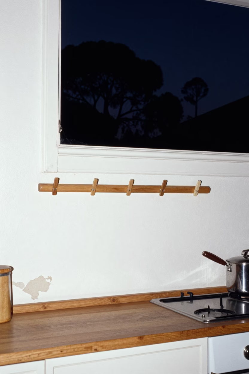 1970s Adelaide Night Kitchen Scene with Peg Rails and Stoneware in in Adelaide, South Australia, Australia